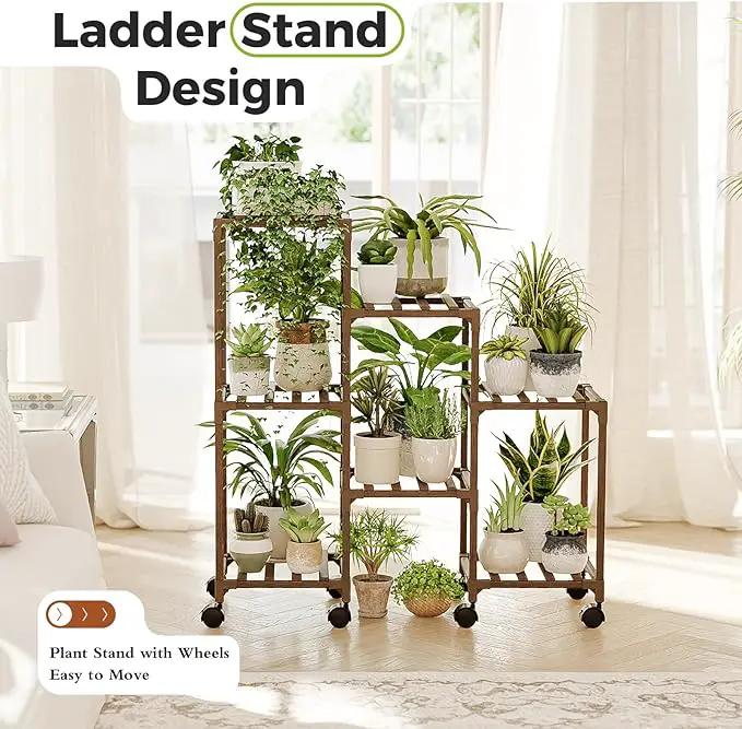 Bamworld Plant Stand with Wheels for Indoor Plants Wood Outdoor Tiered Shelf 3 Tire 7 Potted Ladder Plant Holder Table Pot Stand for Window Garden Balcony Patio Living Room (natureDL) by GreenHaven Gardens
