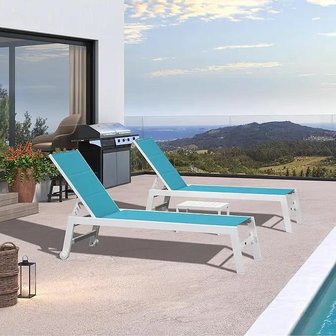 PURPLE LEAF Outdoor Chaise Lounge Set Oversize Adjustable Sunbathing Recliner Extra Wide Lounge Chairs with Side Table for Poolside Beach Outside Patio Aluminum Chaise Lounger Blue 2 Sets by GreenHaven Gardens