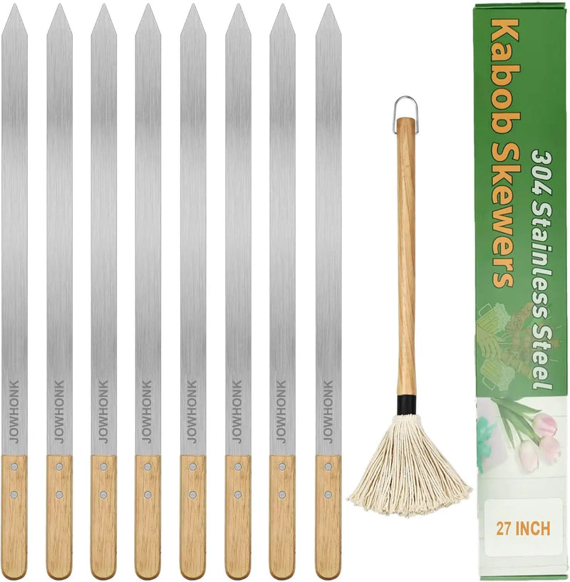 27 Inch Extra Long 1 Inch Wide Kabob Skewers for Grilling, Premium 304 Stainless Steel Barbecue Skewer with Wood Handle,Metal Flat Kebab Skewers include 8PCS BBQ Skewer,1PCS Grill Mop Brush by GreenHaven Gardens