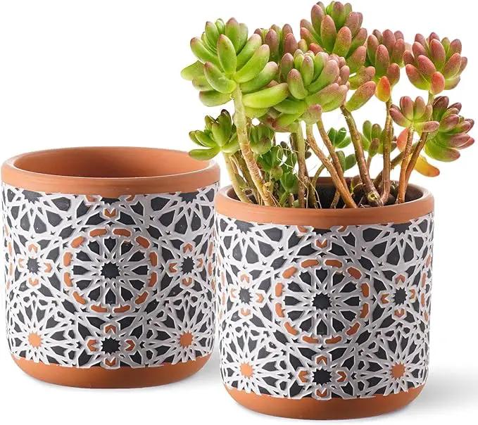 Ceramic Flower Pots for Indoor Plants Set of 2, 5 Inch Boho Plant Pot with Drainage Holes,Modern Planter for Decora Succulents/Snake Plant/Orchid/Peace Lily/House Plants,Terracotta by GreenHaven Gardens