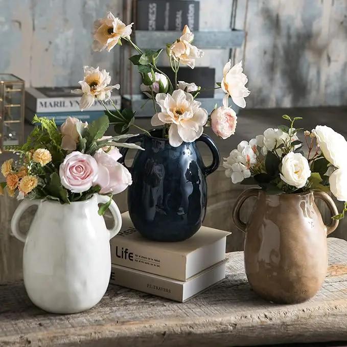 White Ceramic Vase with 2 Handles, Modern Farmhouse Decor, Rustic Terracotta Pottery, Decorative Flower Vases, Clay Small Vase, Centerpiece for Dining Table - 7 Inch Tall by GreenHaven Gardens