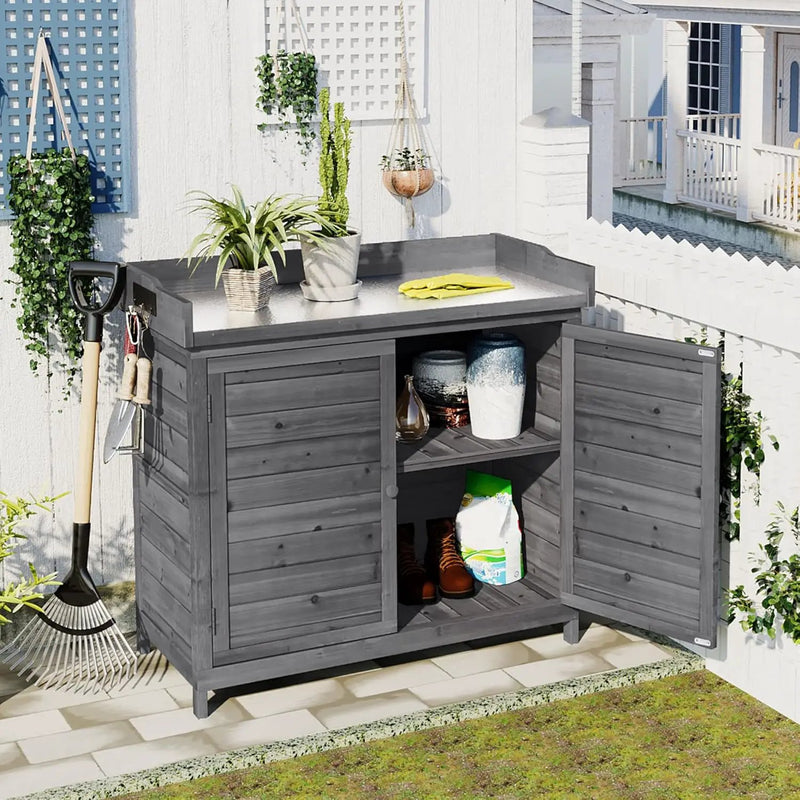 Merax Outdoor 39" Potting Bench Table, Rustic Garden Wood Workstation, Storage Cabinet with 2-Tier Shelves and Side Hook, Grey by GreenHaven Gardens