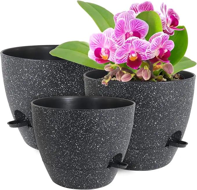 12/10/9 inch Large Self Watering Pots, Planter, Plant Pots with Mesh Drainage Holes for Indoor Outdoor Garden Plants, Plastic Flower Pots with Removable Deep Reservoir, Speckled Black by GreenHaven Gardens