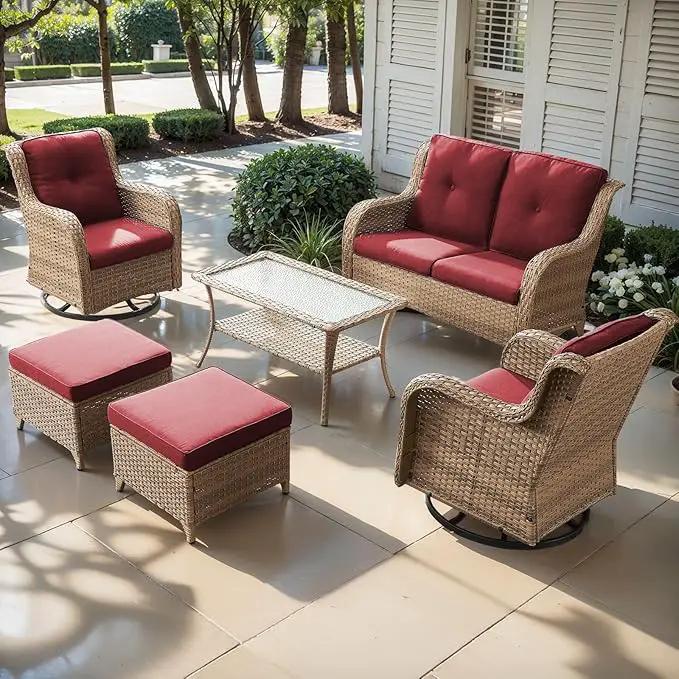 Outdoor Wicker Patio Furniture Set - 6 Piece Rattan Patio Conversation Set with 2 Rocking Swivel Chairs,2 Ottomans,1 Loveseat and 1 Coffee Table for Porch Deck Backyard Garden(Yellow/Red) by GreenHaven Gardens