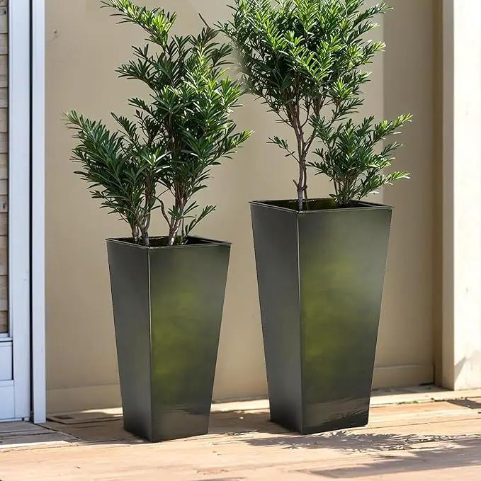 KOL 25'' & 28'' Tall Bright Glazed Planter with Insert, Set of 2, Galvanized Steel Planter Metal Pots with Drainage Hole for Indoor & Outdoor Use, Decorative Plant Pots for Front Porch, Patio - Green by GreenHaven Gardens