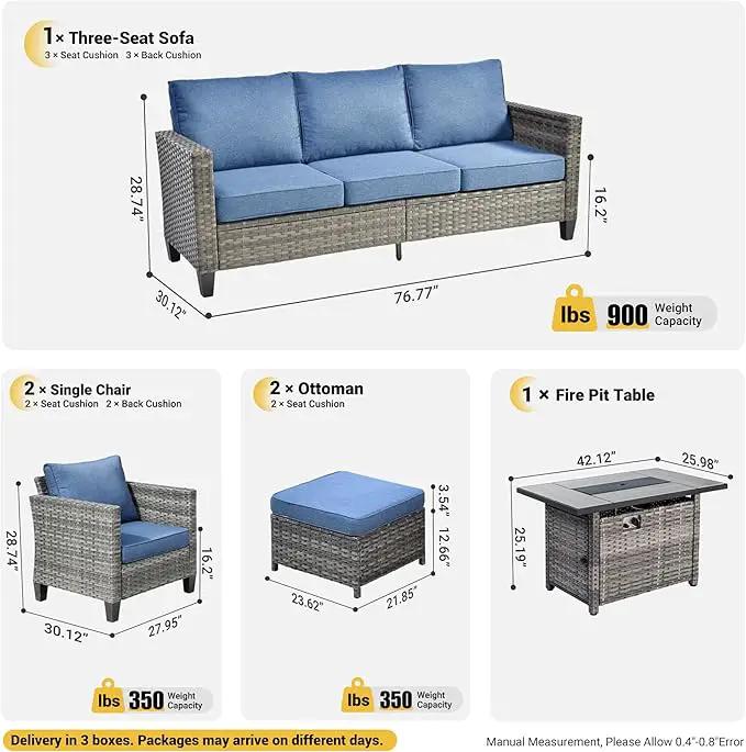 ovios 6 Pieces Patio Furniture Set with 42" Fire Pit Table, Outdoor Wicker Sofa with Comfy Cushions, All Weather High Back Rattan Couch Conversation Set, Denim Blue by GreenHaven Gardens