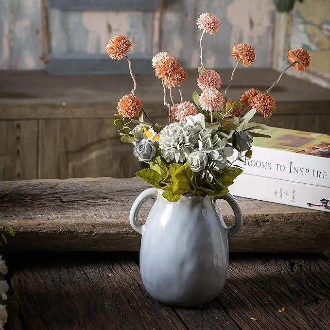 Gray Ceramic Vase with 2 Handles, Modern Farmhouse Decor, Rustic Terracotta Pottery, Decorative Flower Vases, Clay Small Vase, Centerpiece for Dining Table - 7 Inch Tall by GreenHaven Gardens
