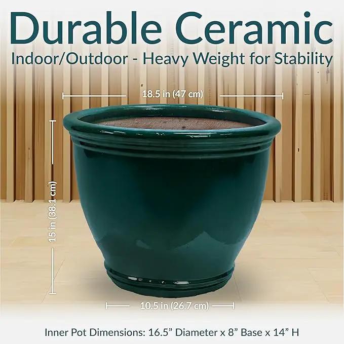 Sunnydaze Studio Large Ceramic Plant Pot - Round Outdoor Glazed Ceramic Planter Pot with Drainage - Dark Green - 18.5 in by GreenHaven Gardens