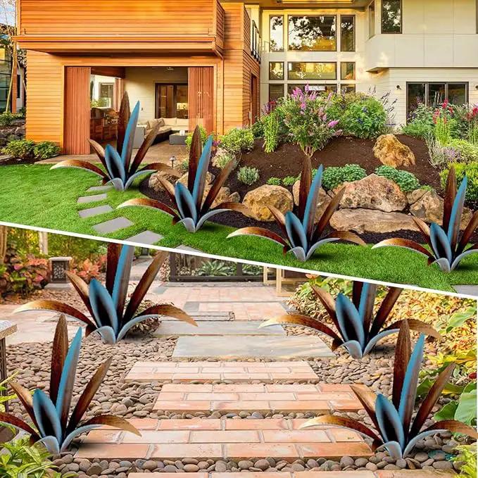 DIY Metal Agave Plant Art Yard Tequila Art Sculpture, Tequila Rustic Garden Sculpture Statue Outdoor Decor,Agave Metal Plants for Yard, Garden Lawn Ornaments (9 Leaves -Blue) by GreenHaven Gardens