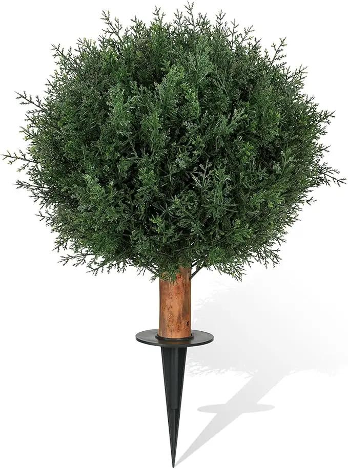 Artificial Cedar Shrubs Ball Trees with Ground Spike, 24.6 inche Tall UV-Resistant Fake Outdoor Plants Evergreen Trees, Realistic Faux Pine Bushes for Front Porch Home Patio Garden, 1 Pcs by GreenHaven Gardens