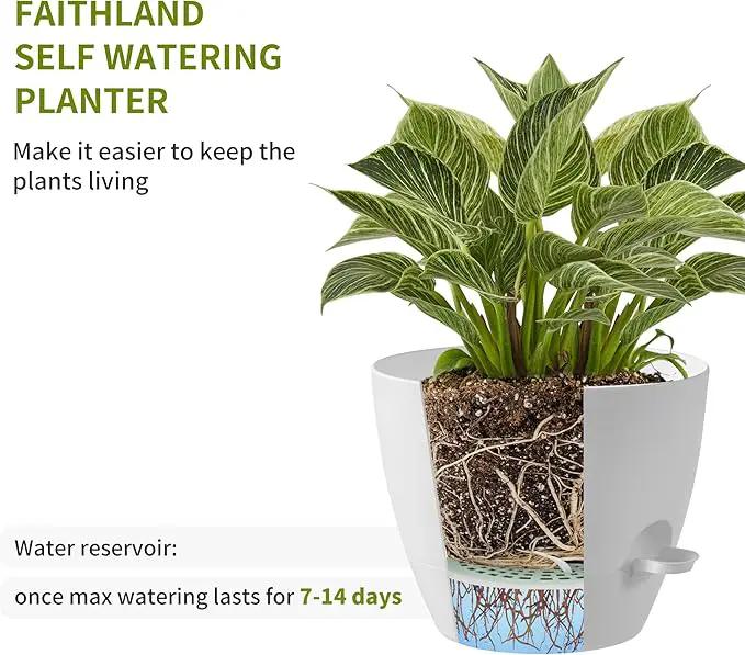 FaithLand 3-Pack Large Planter Pots, 12 10 9 Inch Self Watering Flower Pots for Indoor Outdoor Garden Plants, White by GreenHaven Gardens