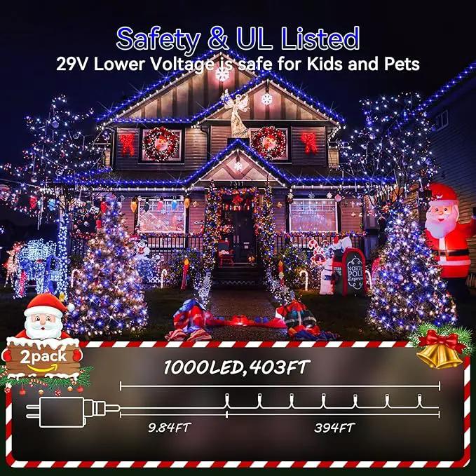 Hezbjiti 2 Pack 1000 LED 403 FT Christmas String Lights Outdoor, 8 Lighting Modes IP44 Waterproof Fairy Lights with Timer and Dimmable Function for Party Tree Decorations (Blue, Clear Wire) by GreenHaven Gardens