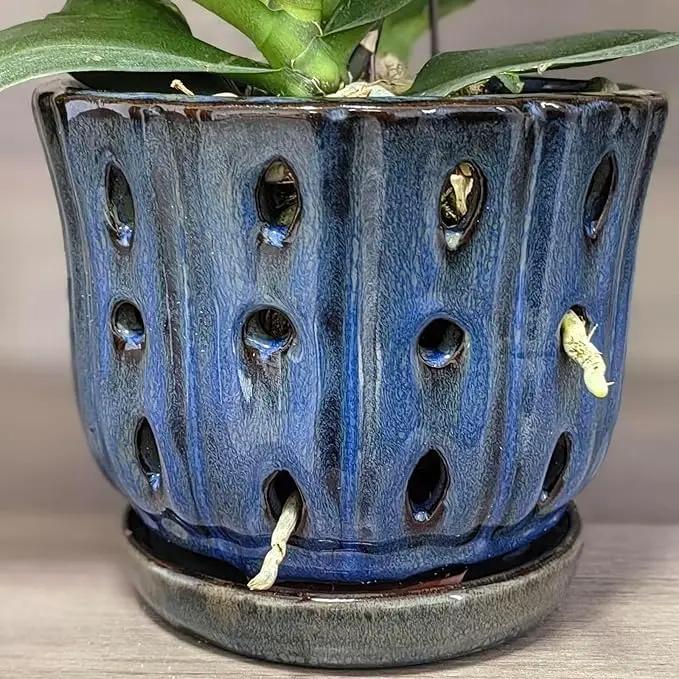 6 inch Round Ceramic Orchid Pot with Holes Orchid Planter (Dark Blue) by GreenHaven Gardens