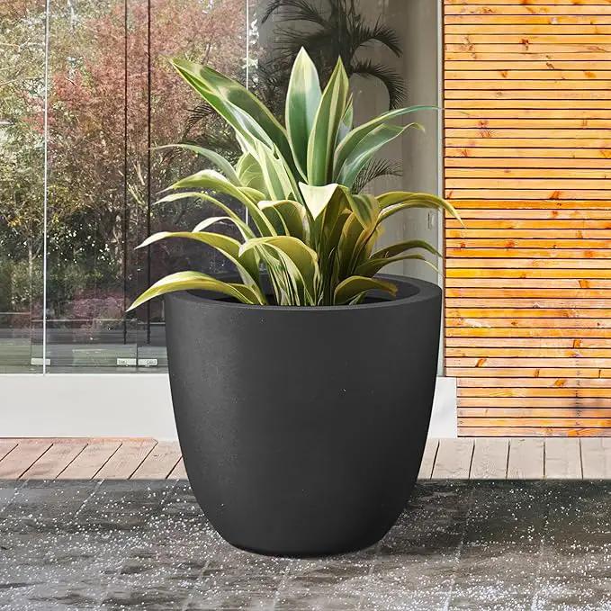 Kante 18 Inch Dia Round Concrete Planter, Indoor Outdoor Large Plant Pot with Drainage Hole and Rubber Plug for Home Patio Garden, Black by GreenHaven Gardens