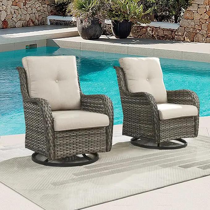 Outdoor Patio Swivel Rocker Chairs - Wicker Rattan Patio Swivel Rocking Chairs Set of 2 with High Back,Deep Seating and Comfort Cushions for Deck Porch Garden,Mixed Grey/Beige by GreenHaven Gardens