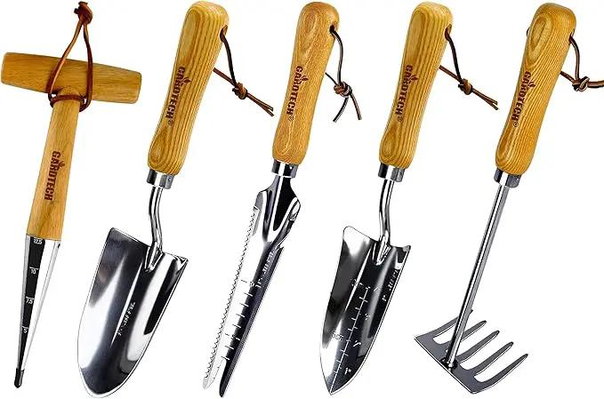 Gardtech Garden Tool Set, 5 Pcs Gardening Tool Set with Weeder Puller, Dibber, Transplanter, Big Trowel, 5-Claw Cultivator - Wooden Handle Heavy Duty Stainless Steel Gardening Hand Tools by GreenHaven Gardens