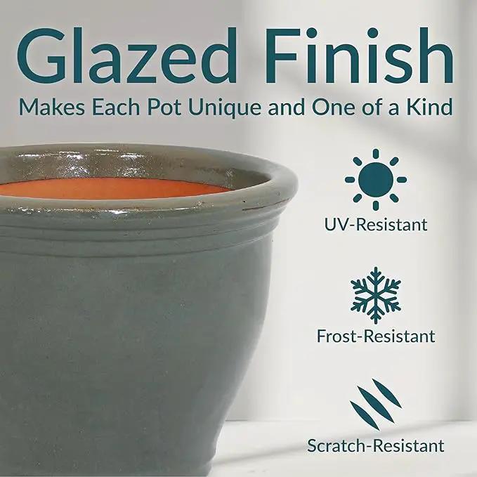 Sunnydaze 15" Large Ceramic Plant Pot - Round Outdoor Glazed Ceramic Planter Pot with Drainage - Gray - Studio by GreenHaven Gardens
