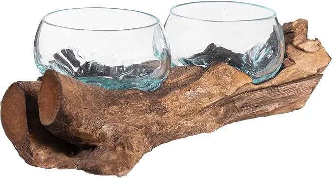 Cape Craftsmen Set of 2 Terrariums | Hand-Blown Blue Tinted Bubble Glass On Natural Teak Driftwood Terrarium | Home Décor Indoor Planter with Stand | Pot for Succulent and Plants by GreenHaven Gardens