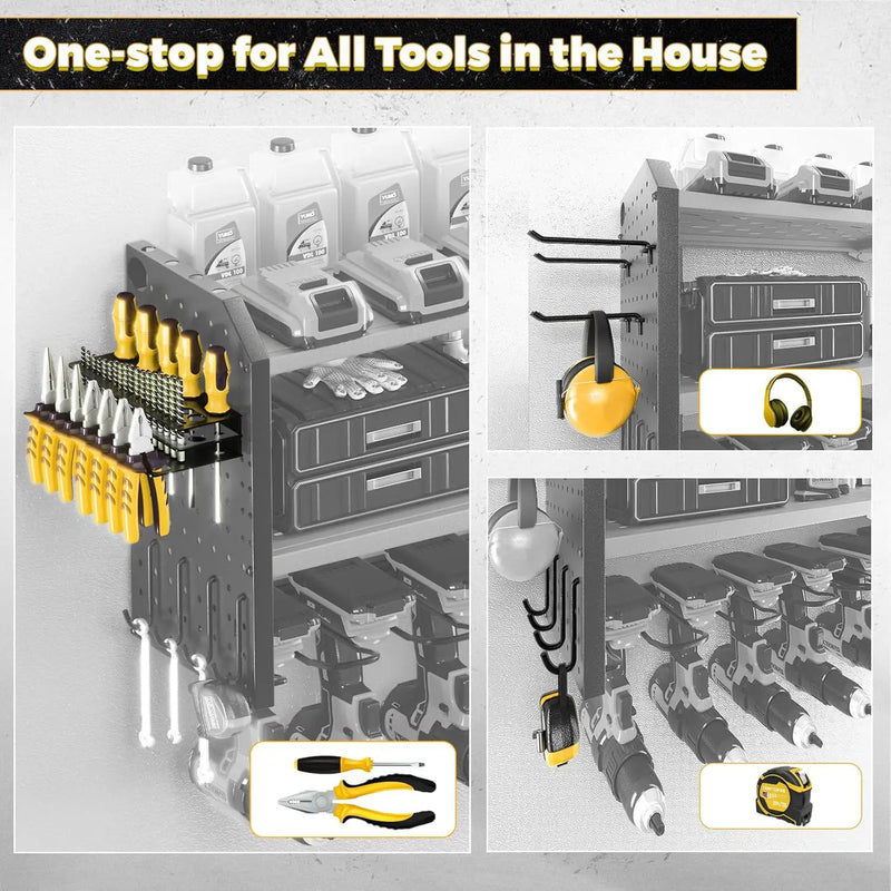 KAFAHOM Power Tool Organizer,Large 8 Drill Holder Wall Mount with 2 Side Pegboards,Metal Tool Shelf with 12 Hooks,Storage Rack for Garage Organization,Utility Cordless Drill Holder - Yellow by GreenHaven Gardens