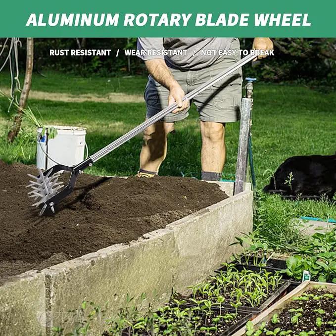 Rotary Cultivator Tool, Adjustable Garden Hand Tiller Cultivator, Long Handle Rotary Cultivator, Aerate, Weed, Plant, Garden Cultivator for Soil Mixing or Reseeding Grass by GreenHaven Gardens