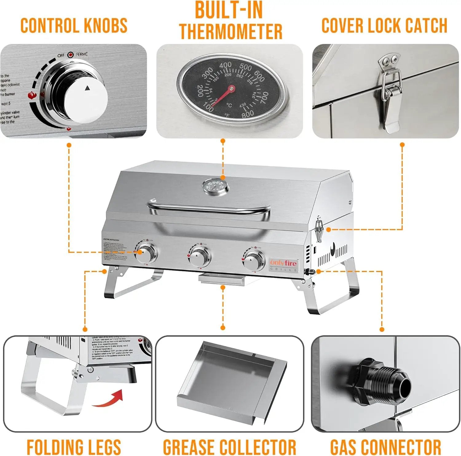 Tabletop Gas Grill 3 Burners, Stainless Steel Portable Propane Grill with Foldable Legs for Outdoor Patio Backyard Camping, Tailgating, RV Trip, Heavy Duty & 24000BTU, GS307 by GreenHaven Gardens