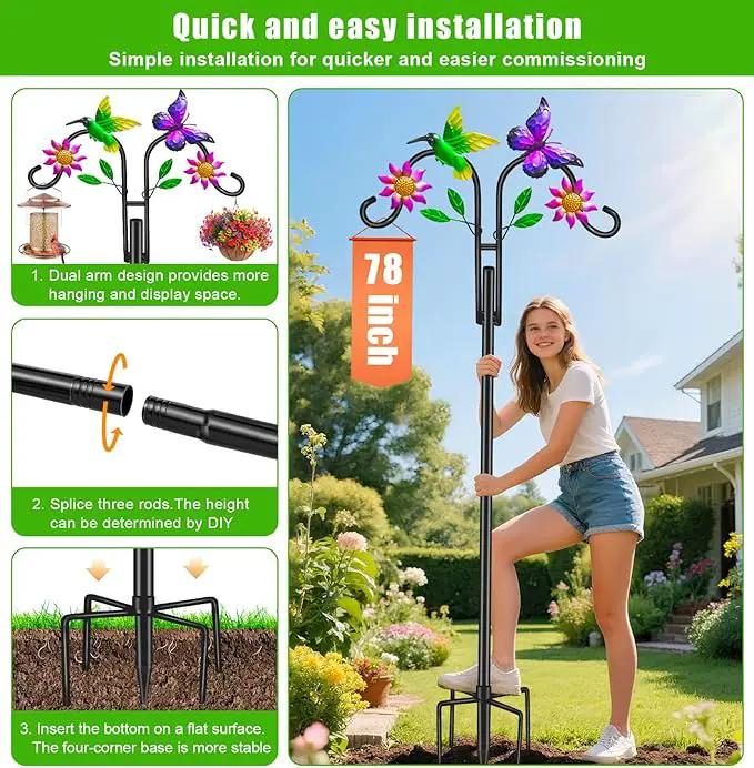 Double Shepherds Hooks for Outdoor, Artistic Hummingbird & Flower Design, 5 - Prong Base, Ideal for Bird Feeders, Baskets & Lanterns (1 Pack) by GreenHaven Gardens