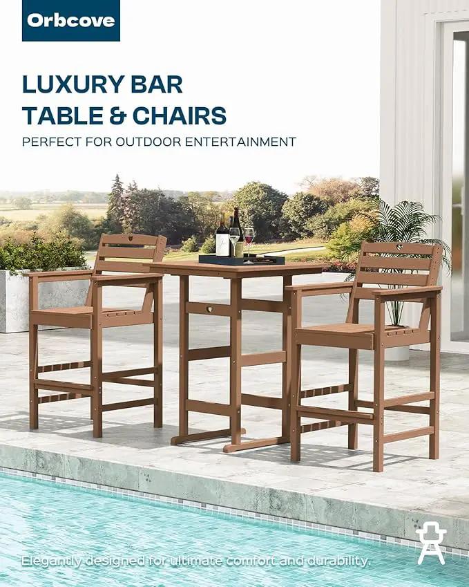 5-Piece Bar Height Outdoor Table and Chairs Set, HDPE Wood Grain Patio Bar Table and Chairs with Heart Cutout Design, Weather-Resistant Bar Height Furniture for Deck, Porch, Pool (Teak) by GreenHaven Gardens