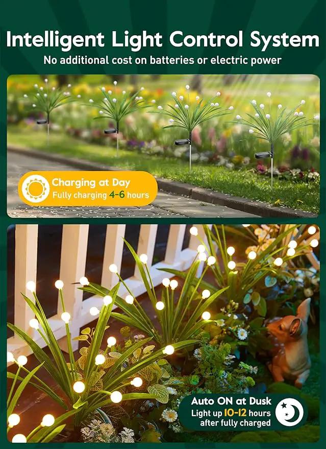 4 Pack 48 LED Solar Firefly Lights with Leaves, Solar Garden Lights Outdoor Decoration with 2 Lighting Modes, Waterproof Solar Outdoor Lights Decorative, Solar Lights for Outside Pathway, Warm White by GreenHaven Gardens