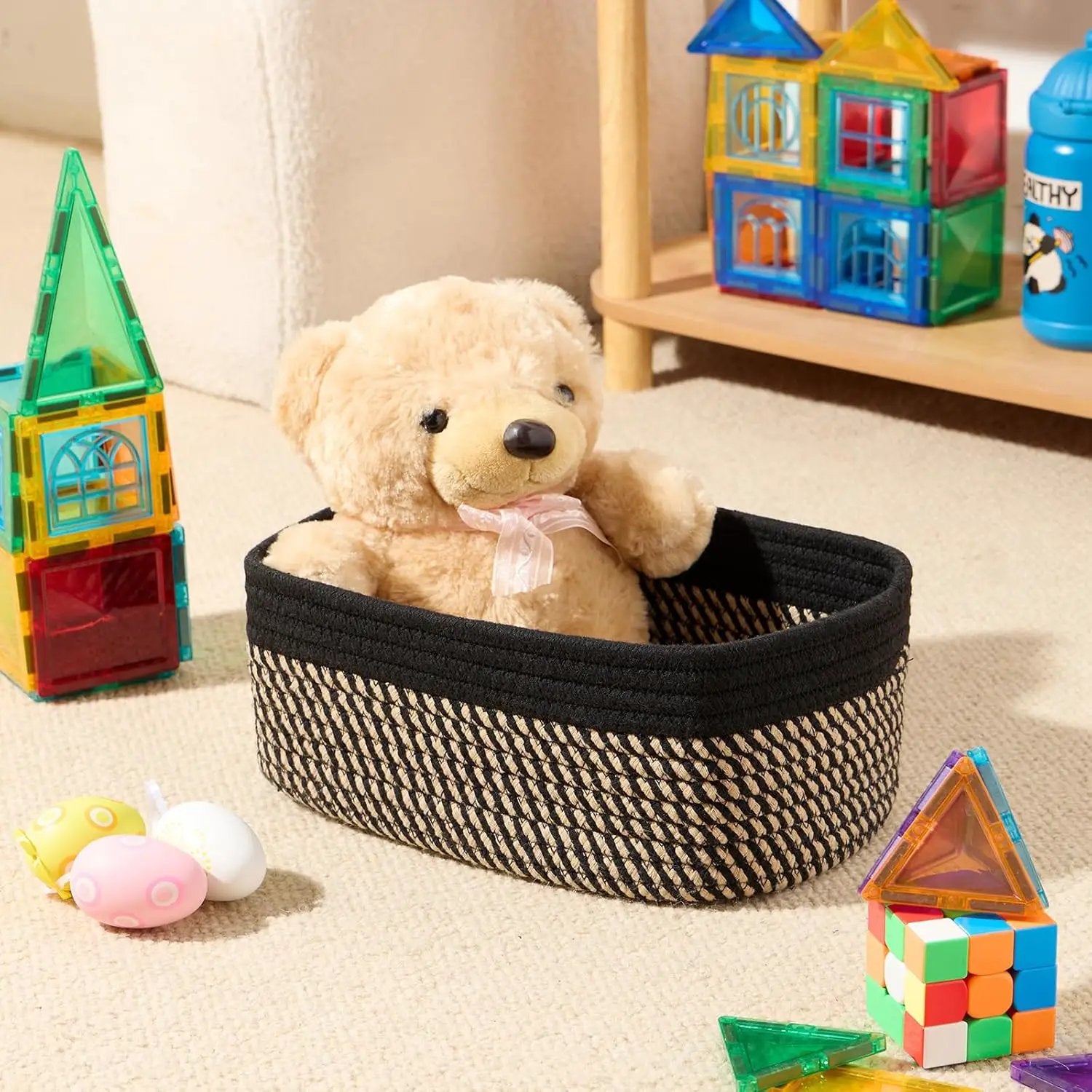 Small Storage Baskets for Organizing | Closet Organizer Bins | Shelf Toy Basket | Woven Rope Baskets | Cube Decorative Box | Shallow Basket | 11.5x7.5x4.7” | 3 Packs Black Brown by GreenHaven Gardens