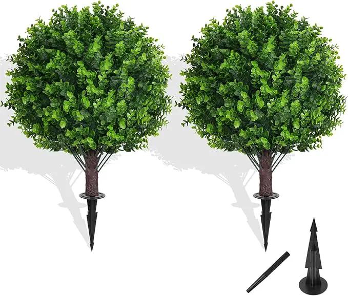Artificial Topiary Tree with Eucalyptus, Set of 2 Artificial Shrub Bushes with Ground Spike, Fake Evergreen Tree for Porch, Artificial Plants for Outdoor Planters Indoor UV Resistant by GreenHaven Gardens