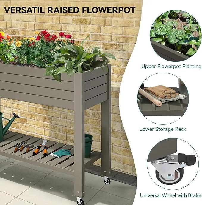 YITAHOME 43.3x17.7x34 in Elevated Garden Bed, Outdoor Plastic Planter Box with Wheels, Legs, Drain Plug, and Storage Shelf for Plants, Vegetables, Flowers, Herbs, Light Brown by GreenHaven Gardens