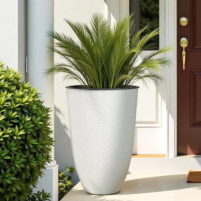 WORTH Garden 2-Pack 21" H. White Tall Planters with Inside Pots - 14'' Dia Plastic Large Round Plant Tree Pots - Decorative Imitation Stone Finish for Indoor Outdoor Front Porch Container Patio by GreenHaven Gardens