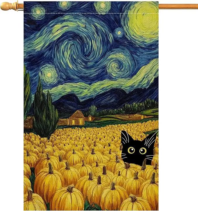 BLKWHT Fall Pumpkin Cat House Flag 28x40 Vertical Double Sided Blue Sky Autumn Thanksgiving Holiday Outside Decorations Burlap Yard Flag BW825-40 by GreenHaven Gardens