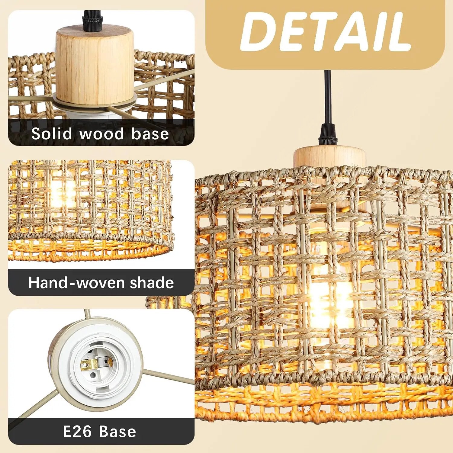Hand-Woven Rattan Pendant Light, 11.8" Bohemian 1-Light Natural Wicker Hanging Lighting Fixture Ceiling Farmhouse Basket Hanging Lamp Chandelier for Kitchen Island, Living Dining Room by GreenHaven Gardens