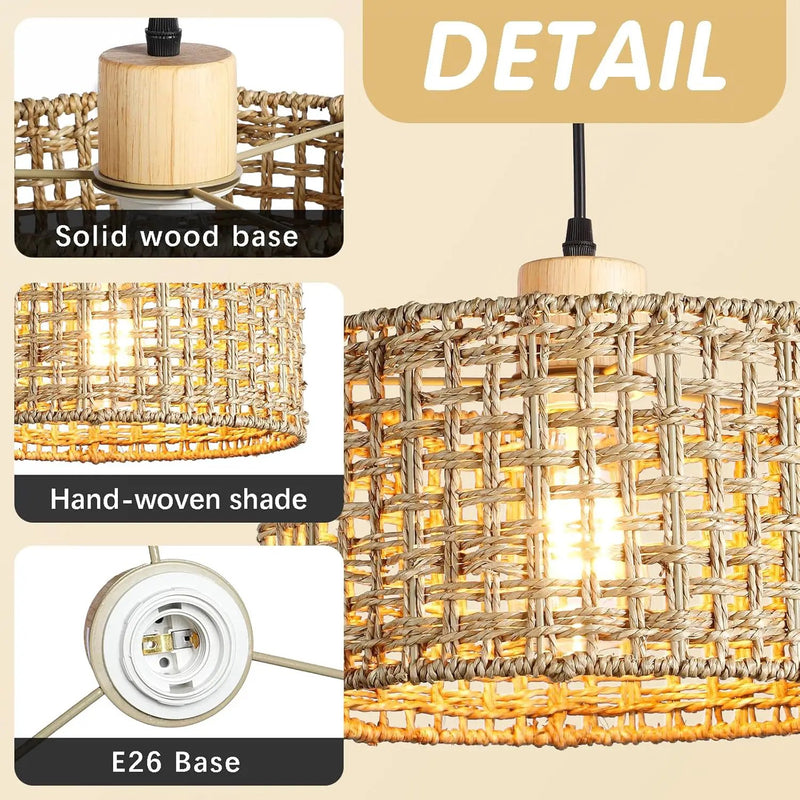 Hand-Woven Rattan Pendant Light, 11.8" Bohemian 1-Light Natural Wicker Hanging Lighting Fixture Ceiling Farmhouse Basket Hanging Lamp Chandelier for Kitchen Island, Living Dining Room by GreenHaven Gardens