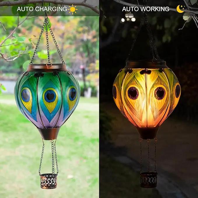 Peacock Hot Air Balloon Hanging Solar Lantern Lights, Flickering Flame Solar LED Candle Lights Outdoor Garden Decorative Metal & Glass Waterproof Lanterns for Yard Patio Farmhouse Decoration by GreenHaven Gardens