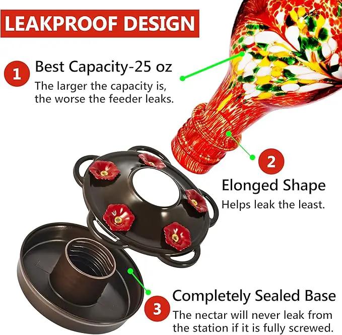 LUJII Hummingbird Feeder for Outdoors, Hand Blown Glass Humming Bird Feeder, Anti Fade Leakproof with 25 Ounces Nectar Capacity, Easy to Install Clean Refill, Include Hook & Ant Moat (Red) by GreenHaven Gardens
