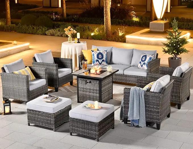 ovios 8 Pieces Patio Furniture Set with 30" Fire Pit Table, Outdoor Wicker Sofa with Comfy Cushions, All Weather High Back Rattan Couch Conversation Set, Grey by GreenHaven Gardens