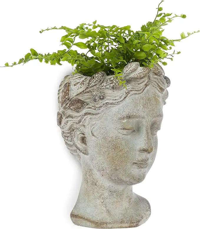 Abbott Collection Goddess Head Wall Planter - Small Cement Indoor and Outdoor Planter Pot - Grecian Woman Statue Head Planter for Flowers and Succulents (Grey, 3" Opening) by GreenHaven Gardens