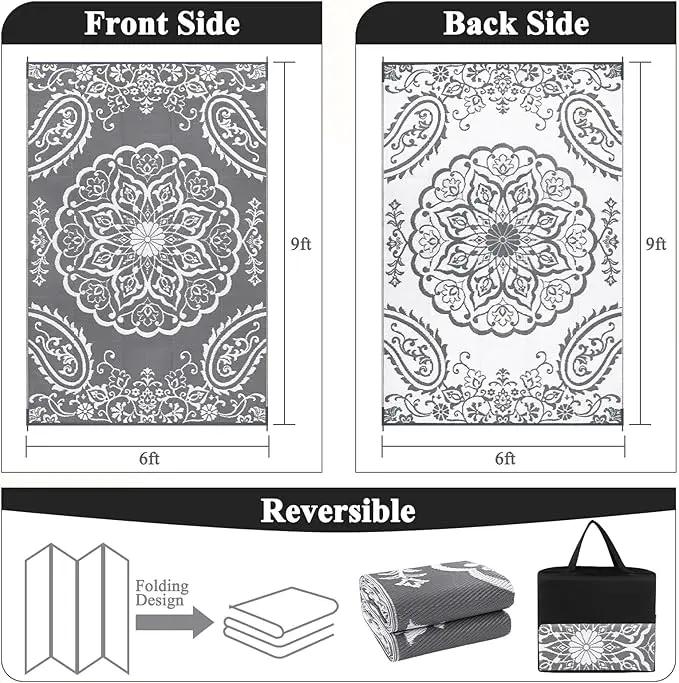 Pauwer Waterproof Outdoor Rug 6x9, Reversible Plastic Straw Patio Camping Rug, Indoor Outdoor RV Mat Carpet for Deck, Camper, Porch, Balcony, Backyard, Picnic, Boho Grey by GreenHaven Gardens
