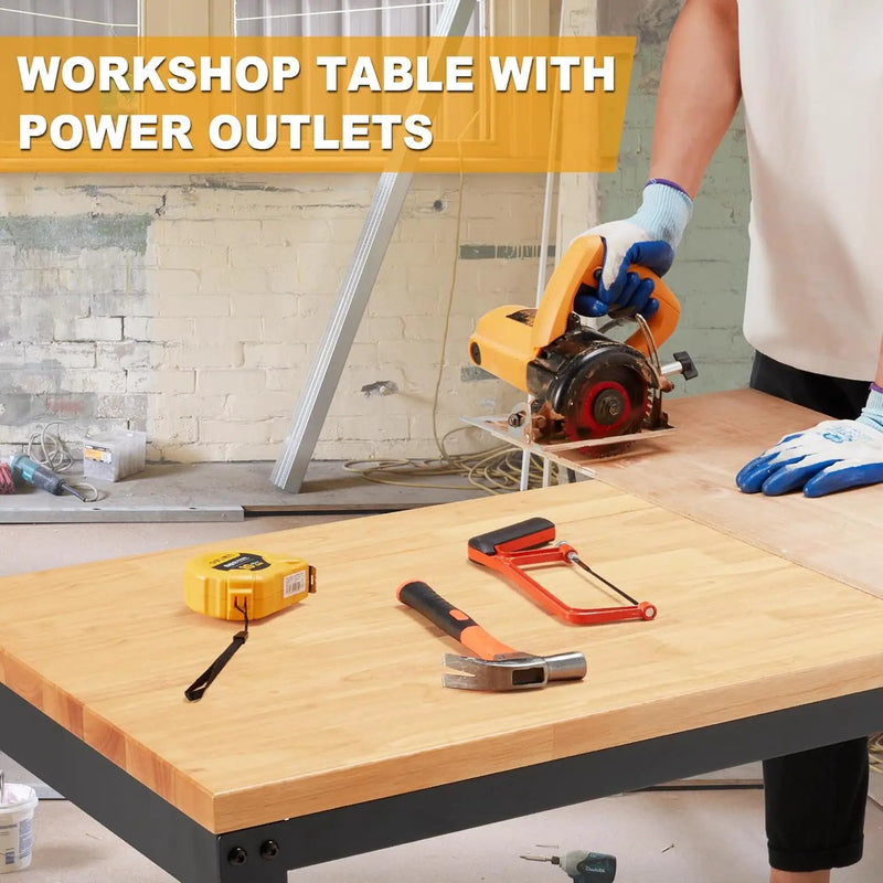 HABUTWAY Height Adjustable Workbench 60" 2000 Lbs Capacity Solid Wood Work Station Heavy-Duty Work Tables with Power Outlets for Garage Party Shop Office by GreenHaven Gardens