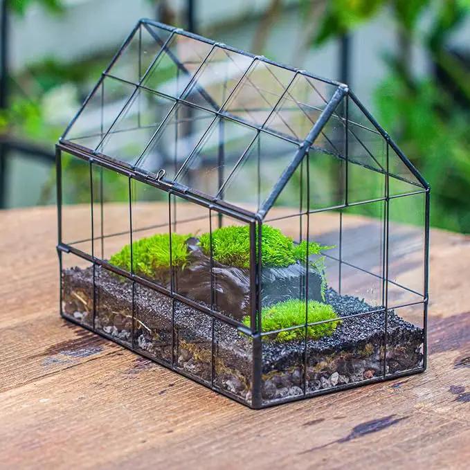 NCYP Geometric Glass Terrarium with Front Opening Door, House Shape Closed Micro Landscape Planter Box for Small Succulent, Cacti - Home Indoor Tabletop Decor, Handmade, Black (No Plants) by GreenHaven Gardens