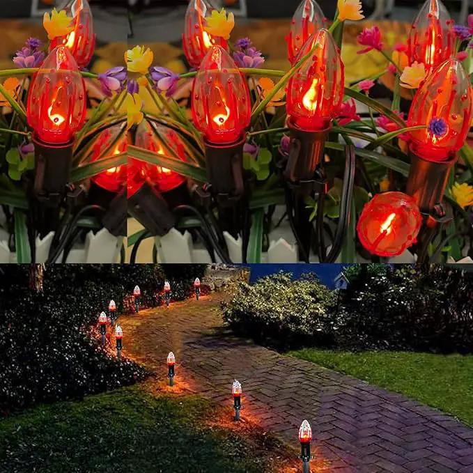 38Ft Outdoor Halloween Decorations Pathway Lights, C9 Flickering Flame Pathway String Lights with 25 Stakes Lights, Plug in Halloween Walkway Light Waterproof for Lawn Yard Sidewalk Garden by GreenHaven Gardens