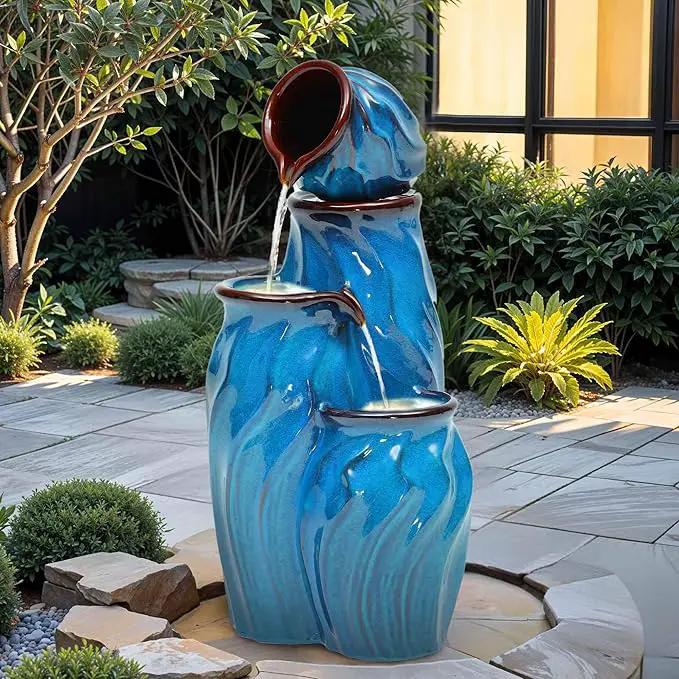 29" Tall Ceramic Outdoor Water Fountain with LED Lights, 4-Tier Cascading Jars Water Feature, Tranquil Waterfall for Relaxing Garden, Patio, Yard, or Porch, Turquoise, Dynamic Wave-Texture by GreenHaven Gardens