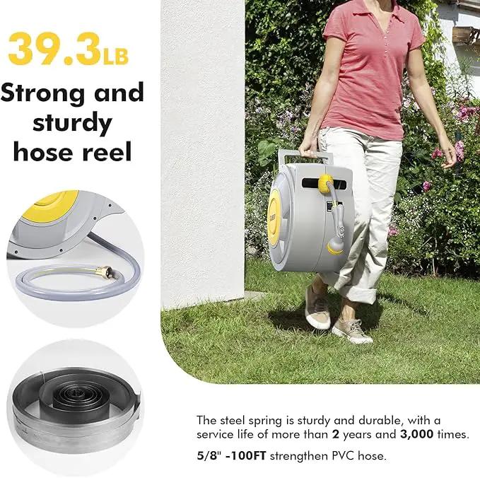 BLUBERY 5/8" x 100+6.7ft Retractable Garden Hose Reel with Slow Return System, Heavy-Duty Wall-Mounted 39.3LB, 10" Handle, 180° Swivel Bracket, Any Length Lock by GreenHaven Gardens