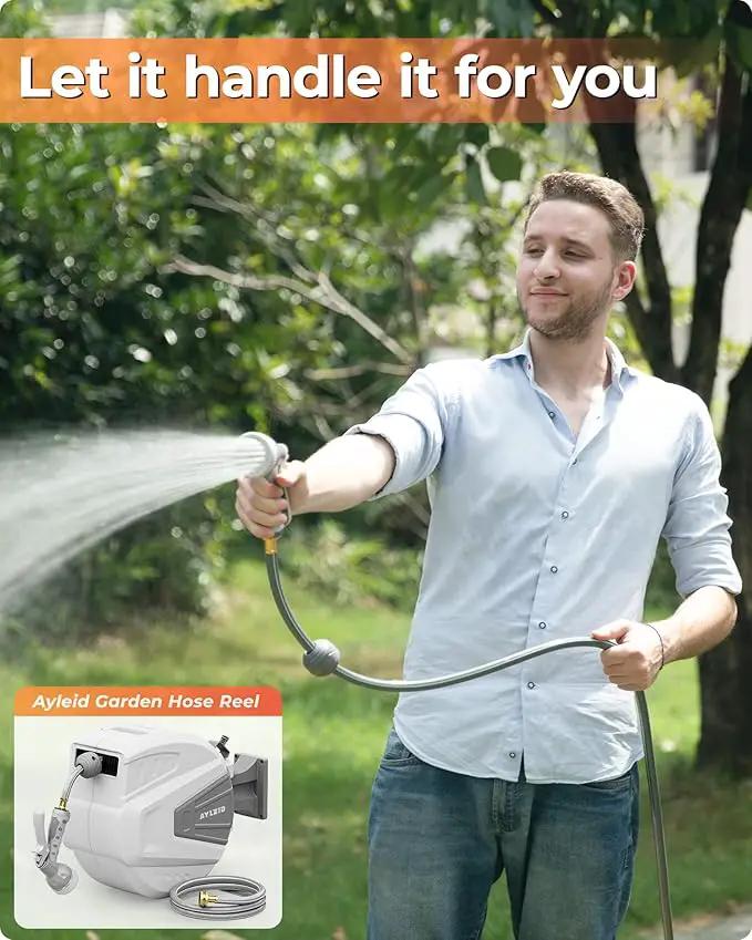Ayleid Retractable Garden Hose Reel,1/2 in x 100 ft Wall Mounted Hose Reel, with 9- Function Sprayer Nozzle, Any Length Lock/Slow Return System/Wall Mounted/180°Swivel Bracket (Grey) by GreenHaven Gardens
