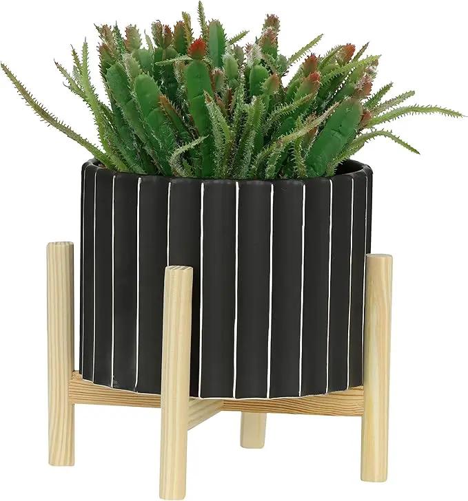Sagebrook Home 8" Ceramic Planter - Black Planter Elevated on Wooden Stand with Fluted Design - for Indoor or Outdoor Plants, Great Gift Idea for Plant Lovers by GreenHaven Gardens