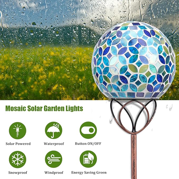 VCUTEKA Solar Outdoor Lights Garden Decor Mosaic Solar Garden Lights Waterproof Glass Ball LED Pathway Stake Light for Landscape Lawn Patio Yard Decoration 6 inch, Blue by GreenHaven Gardens