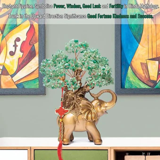 Green Aventurine Crystal Money Tree on Gold Elephant Statue, 17”Large Gemstone Bonsai Tree of Life Home Décor Gifts for Wealth Positive Energy, Feng Shui Décor by GreenHaven Gardens