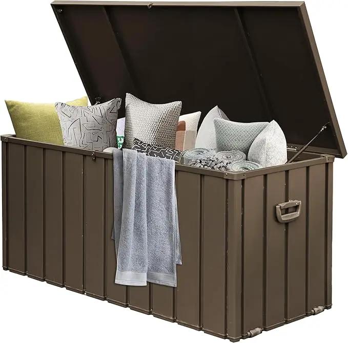 Domi Deck Box 150 Gallon, Waterproof Lockable Steel Outdoor Storage Container for Outside Cushions, Garden Tools and Pools Equipment, Brown by GreenHaven Gardens
